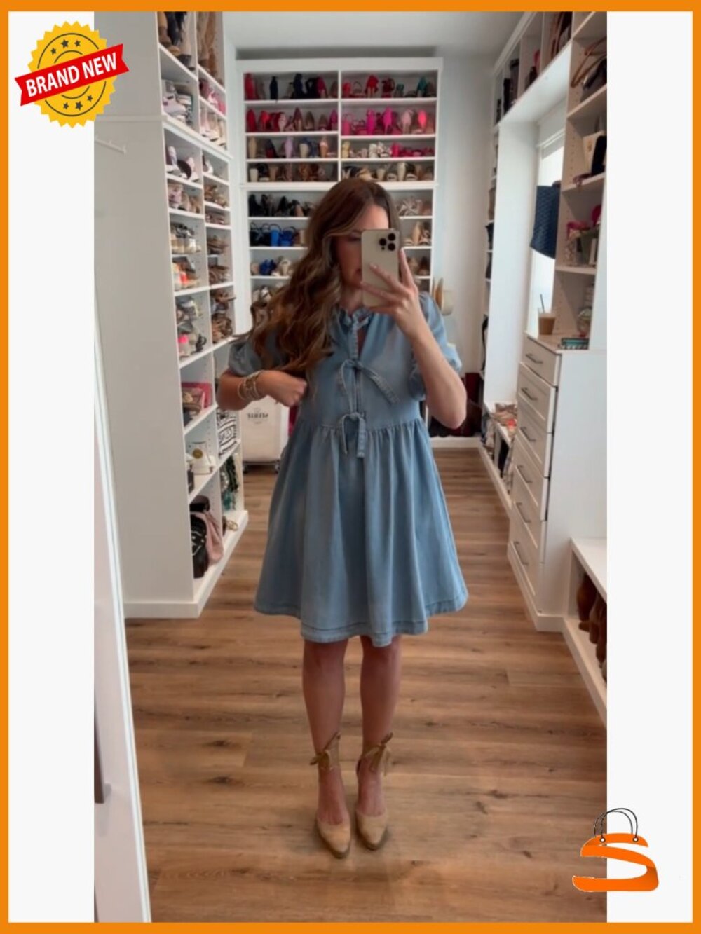 Puff Sleeve Babydoll Denim Romper Dress with Pockets - Picture 6 of 7